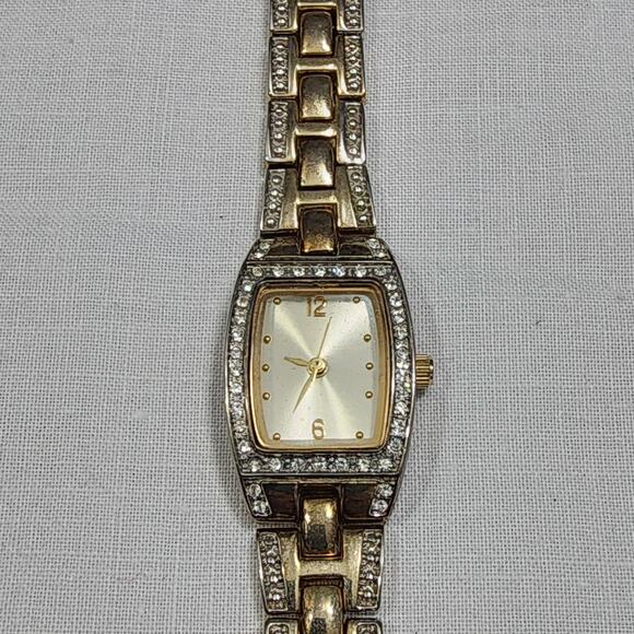 Vintage George Women's Rectangular Face Watch Silver Gold Tone Band Rhinestones - Picture 4 of 16